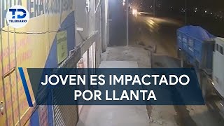 Difunden momento en que joven es impactado por llanta de tráiler [upl. by Peale46]