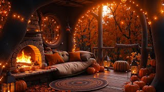 Autumn Woodland Porch Ambience 🎃 Crackling Fire Rain Sounds amp Crisp Fall Air for Tranquil Evening [upl. by Plumbo]