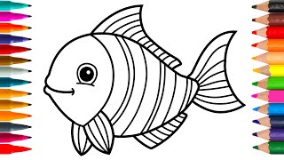 Fish Drawing and Coloring For Kids and Toddlers  Easy Fish Drawing and Coloring With Markers [upl. by Notwal]