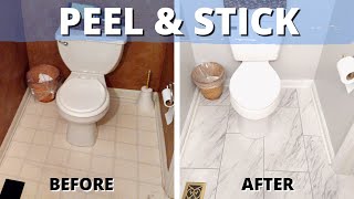 Watch Us PEEL amp STICK a SMALL BATHROOM FLOOR with Luxury Vinyl Tile [upl. by Bor266]