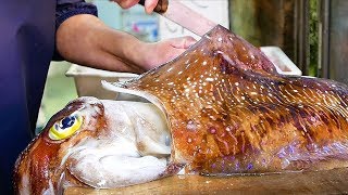 Japanese Street Food  GIANT CUTTLEFISH Sashimi Seafood Okinawa Japan [upl. by Martz]