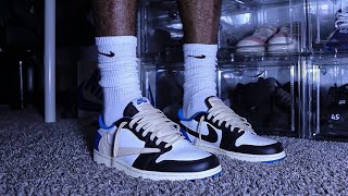 Travis Scott Fragment Jordan 1’s  Unboxing amp On Foot Review [upl. by Dnomar]