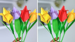 🌷 Origami Tulip 🌷  Easy way to make a Tulip flower How to make Paper Tulip Bouquet  Easy Origami [upl. by Kim]