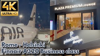 4K Finnair A320 Business Class Rome  Helsinki  Rome airport lounge  Plaza Premium Priority Pass [upl. by Htezil499]