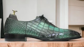 Men Handmade Alligator Print Sea Green Leather Shoes Whole Cut Oxfords [upl. by Christmann979]