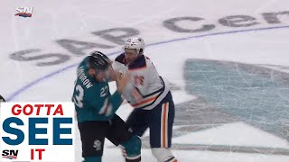 Connor McDavid Dropped In Neutral Zone Then Brandon Manning Fights Barclay Goodrow [upl. by Ellennaj]