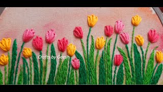 Tulips and Spring  Stem stitch Lazy Daisy stitch  Easy Tulip flowers Hand embroidery Lesson 34 [upl. by Airtemad]