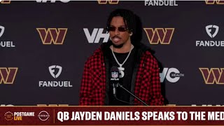 Postgame Interview  Jayden Daniels answers media questions after Commanders beating Giants 2722 [upl. by Nileve972]