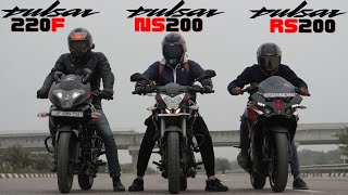 Bajaj Pulsar RS200 vs Pulsar 220F vs Pulsar NS200 Drag Race [upl. by Raney879]