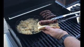 Grilled Bratwurst Beer and Sauerkraut on the Weber Spirit [upl. by Dupre236]