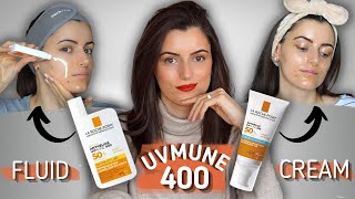 LA ROCHE POSAY UVMUNE400 HYDRATING CREAM VS INVISIBLE FLUID ReviewDemo ApplicationWhich is better [upl. by Gnilyarg771]