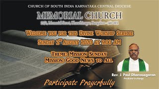 CSI Memorial Church  Bangalore 2nd Aug Sunday Service [upl. by Annalise292]