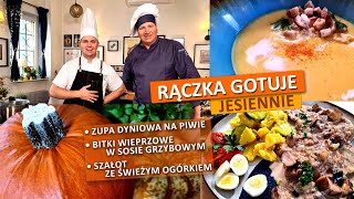 Rączka gotuje zupa dyniowa na piwie bitki w sosie grzybowym szałot ze świeżym ogórkiem [upl. by Dranoc]