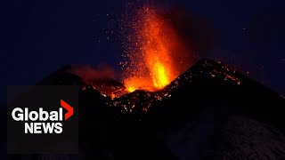 Italys Mount Etna erupts puts on spectacular show at dawn [upl. by Noyerb]