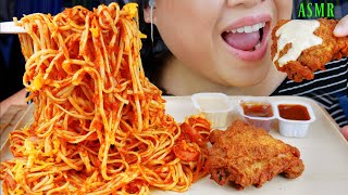 CRAZY CRAVING Fried Chicken with Filipino spaghetti with hot dogs suellasmr [upl. by Tades]