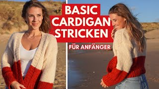 Strickjacke stricken für Anfänger  Anleitung für einfachen Basic Cardigan [upl. by Baillieu]