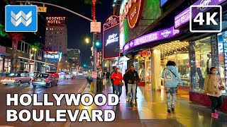 4K 🎄 Hollywood Boulevard at Night in Los Angeles California  Christmas Walking Tour 🎧 [upl. by Gokey893]