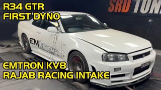 R34 GTR  First Dyno with Emtron KV8 and Rajab Racing Manifold at SRD [upl. by Ellard]