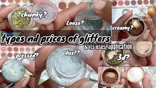 All types of glitters and its uses  glitters types  glitters application makeup tips and tricks [upl. by Madian272]