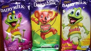 Australian Cadbury Dairy Milk Freddo Raspberry Rocks Freddo Popping Candy and Caramello Koala [upl. by Annalise]