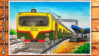 rail station drawing Indian Railway drawingtrain scenery painting with color [upl. by Noraed622]