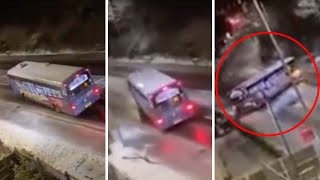 Bus slides sideways down icy road before a 4x4 crashes into another car  LBC [upl. by Toille]