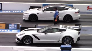 Tesla Plaid vs ZR1 Corvette Drag Race [upl. by Ketty]