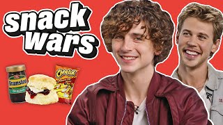 Timothée Chalamet and Austin Butler Rate British Food  Snack Wars [upl. by Pepita]