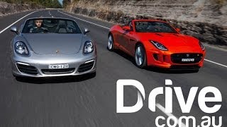 Jaguar FType v Porsche Boxster S Comparison  Convertible  Drivecomau [upl. by Ardnua]