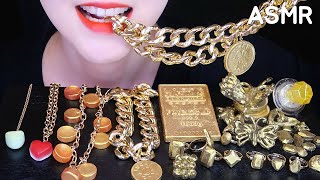 EDIBLE GOLD JEWELRY ASMR EDIBLE NECKLACE EDIBLE RINGS ASMR HARIBO ASMR NO TALKING [upl. by Krock]