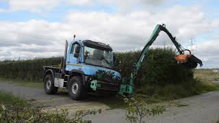 Unimog U218 amp Front Mounted Mulag Flail Head Hedge Trimming [upl. by Aiciled]