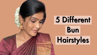 5 Different Bun hairstyles for saree  Bridal Bun hairstyle  Traditional Bun hairstyle tutorial [upl. by Ehcadroj]