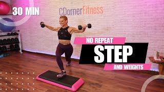 30Minute Step amp Strength NoRepeat Stepper Workout with Weights [upl. by Boeschen628]