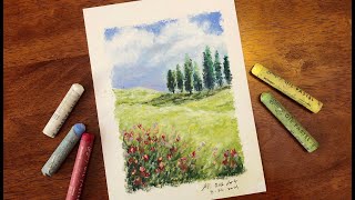 Oil Pastel Painting 油画棒  Hillside Meadow [upl. by Oigroig]