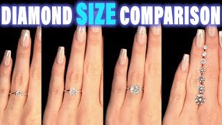 Diamond Size Comparison on Hand Finger Carat 1 2 3 4 05 ct 025 075 15 03 08 07 06 04 9 12 [upl. by Yerga]