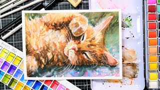 Adorable Cat Watercolor Painting tutorial with cheap paint [upl. by Eugine]