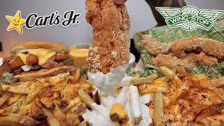 MUKBANG EATING WINGSTOP SAUCY VOODOO FRIES GARLIC PARMESAN CHICKEN CARLS JR EL DIABLO BURGER ASMR [upl. by Annaj]