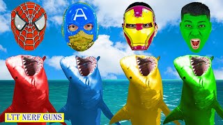 LTT Nerf Guns Spiderman XShot Nerf Guns Fight Against Criminal Group Rescue Spiderman From Shark [upl. by Rennob]