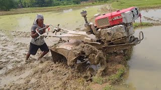 Going to puddle my rice fields with Kamco er90  Power tiller badly stuck in mud while puddling [upl. by Lindo]