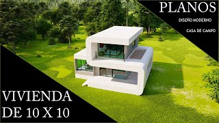 Plano Casa de Campo 10x10 dos plantas  Diseño moderno [upl. by Yrocal]