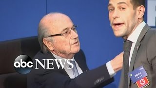 Security Reacts Quickly as FIFAs Sepp Blatter Approached by Demonstrator [upl. by Viki]