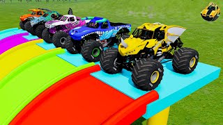 5 MONSTER TRUCK VS GIANT COLOR WATER SLIDE [upl. by Nuahs273]