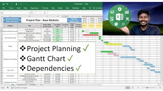 Project planning on Excel with Gantt chart and Dependency arrows Download template [upl. by Larrabee]