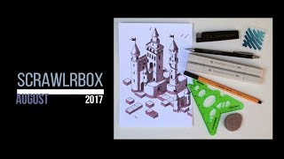 Scrawlrbox August 2017 unboxing review and speed drawing  isometric sketch  drawing a 3D castle [upl. by Tray]