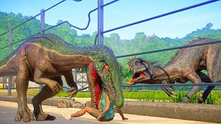 E750 SCORPIUS REX TORO GRIM DARCY TREX Jurassic World Camp Cretaceous Dinosaurs fighting in park [upl. by Eesac929]