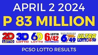 Lotto Result April 2 2024 9pm PCSO [upl. by Ennovad163]