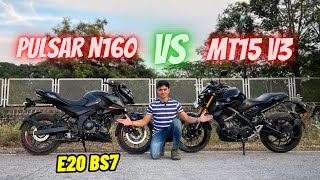 New Yamaha MT15 vs Pulsar N160 E20 Comparison  Which one to buy🤔 [upl. by Htabazile]