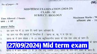 class 11 Biology Mid term examination 202425 270924 कक्षा 11 Biology Question paper [upl. by Ggerg]