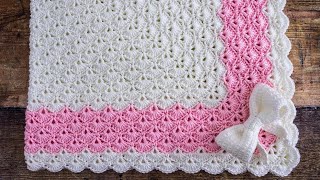 🥰 Crochet Shell Stitch Baby Blanket in the Round 🎀 PRETTY Giant Granny Square Pattern [upl. by Aniluap593]