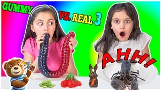 Real Food vs Gummy Food Challenge Part 3 Gross Real Food  Kids React Lobster amp Candy [upl. by Earahs]